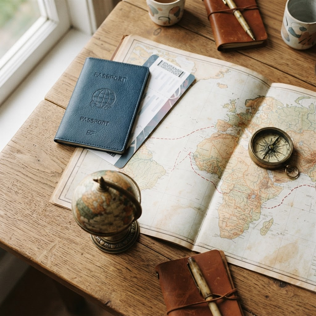 A flat-lay of travel planning items including a world map, passport, and compass on a wooden desk