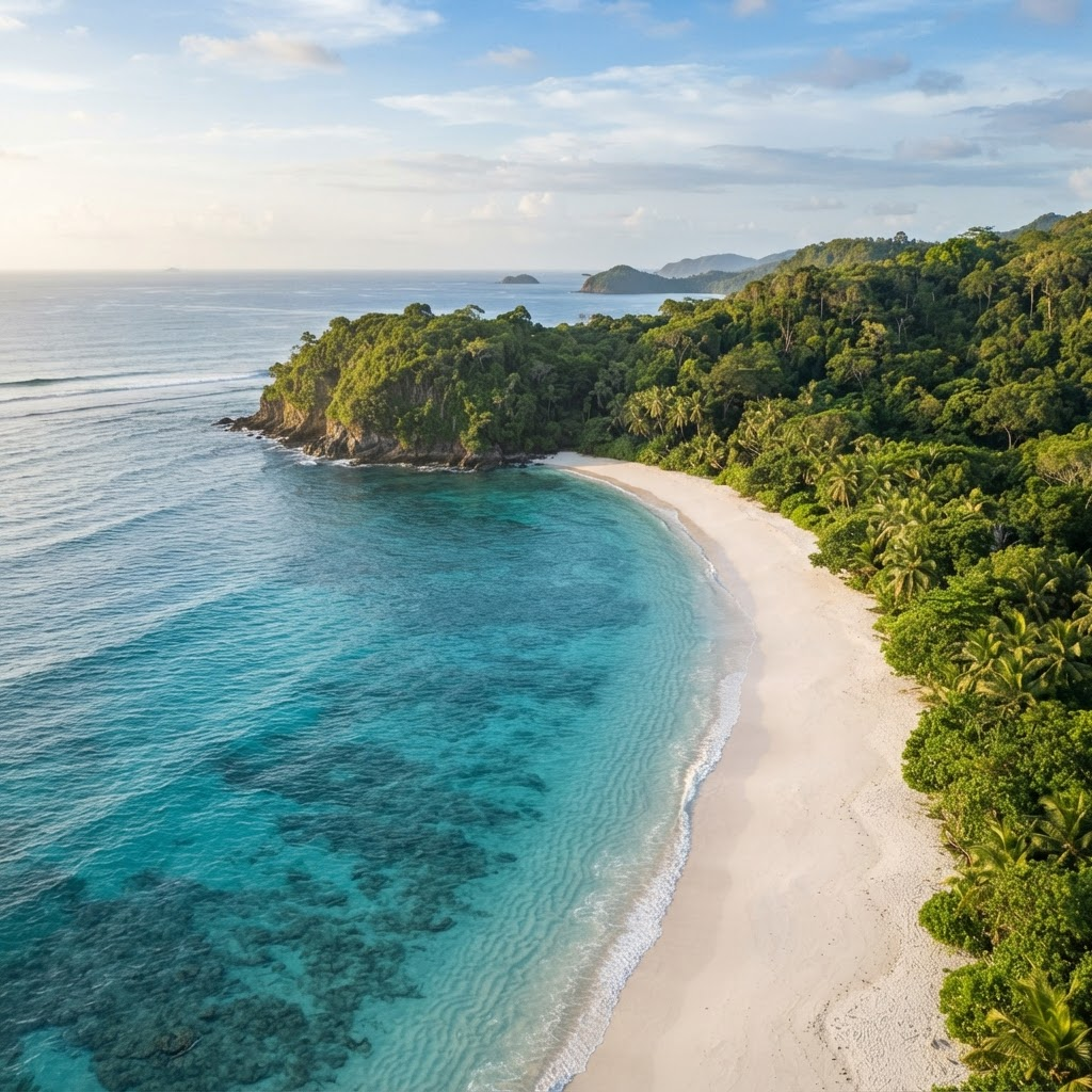 A tropical coastline with turquoise water and white sand, viewed from above