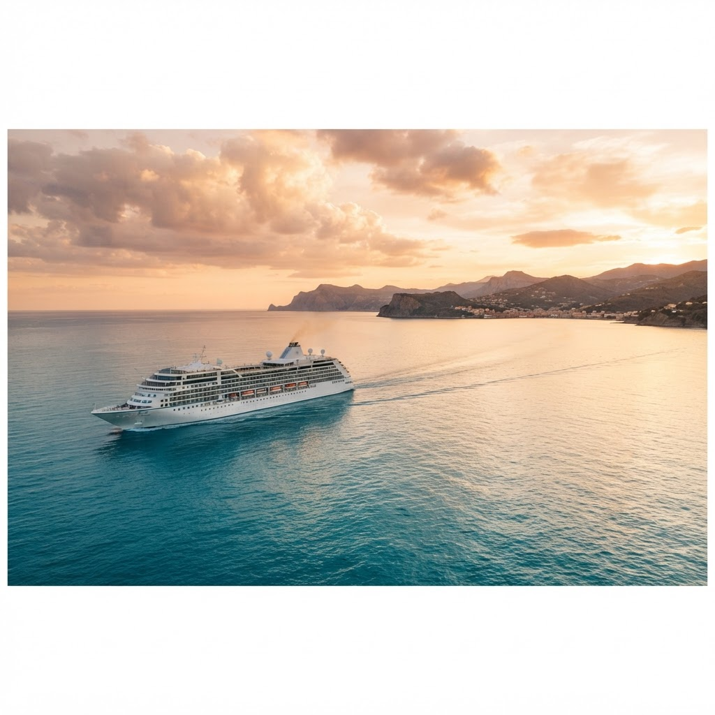 A luxury cruise ship sailing on calm turquoise ocean water at golden hour